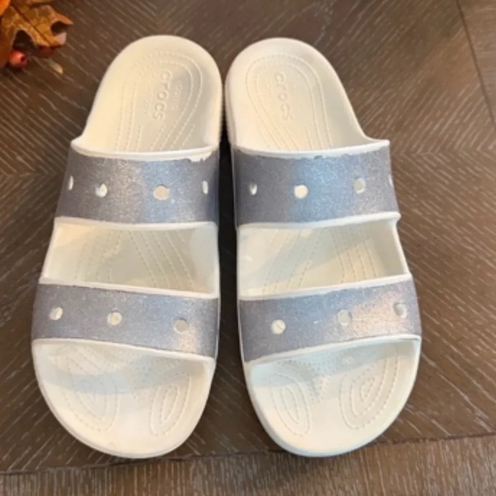CROCS Kids Silver Glitter Double-Strap Slide Sandals